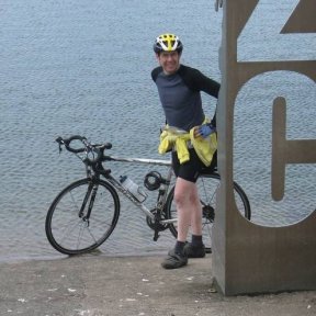 Starting the charity bike ride from Land's End to John O' Groats